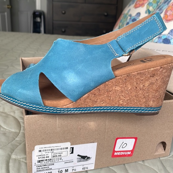 Women’s Size 10 Clark’s Turquoise Blue Cork Wedge Sandal NWOT - Picture 4 of 10